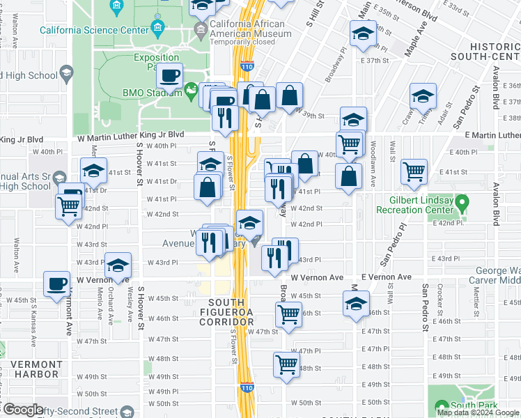 map of restaurants, bars, coffee shops, grocery stores, and more near 346 West 41st Place in Los Angeles