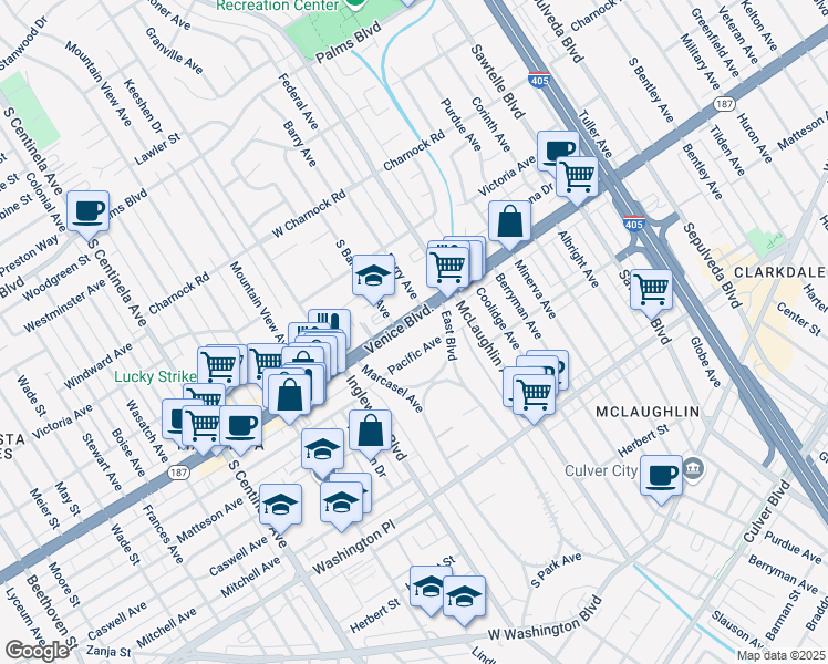 map of restaurants, bars, coffee shops, grocery stores, and more near 11811 California 187 in Los Angeles