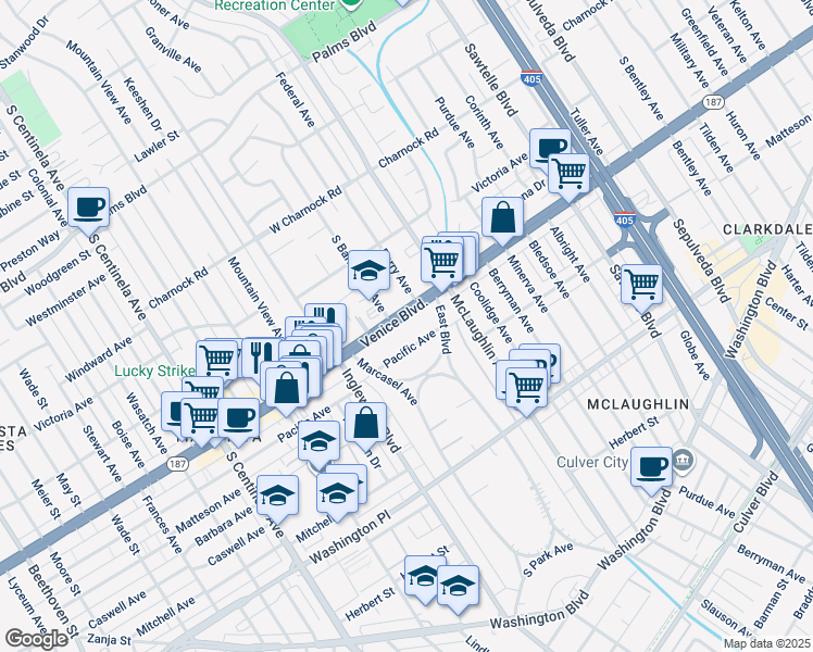 map of restaurants, bars, coffee shops, grocery stores, and more near 11811 California 187 in Los Angeles
