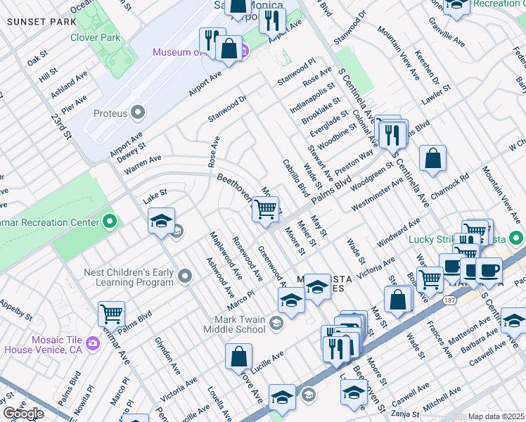 map of restaurants, bars, coffee shops, grocery stores, and more near 3448 Moore Street in Los Angeles