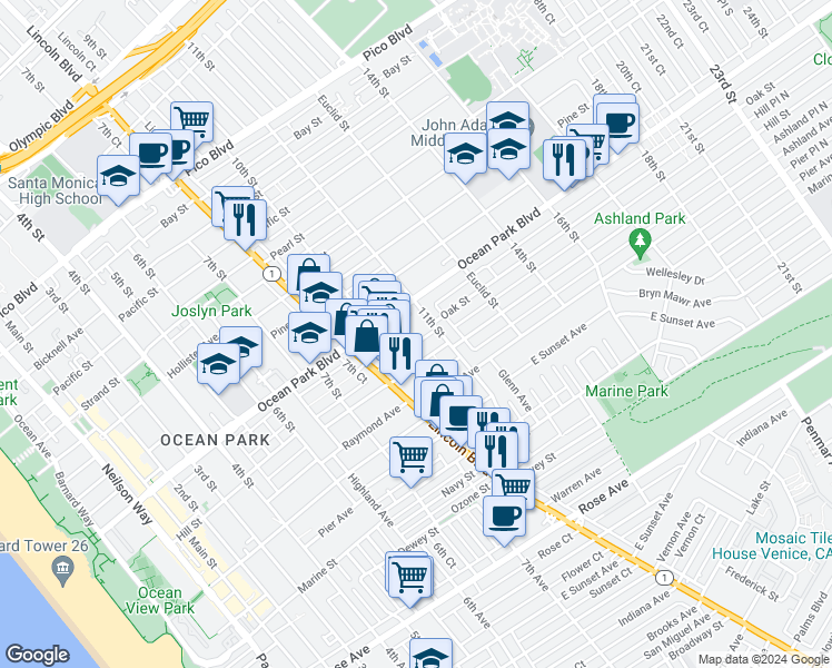 map of restaurants, bars, coffee shops, grocery stores, and more near 2621 11th Street in Santa Monica