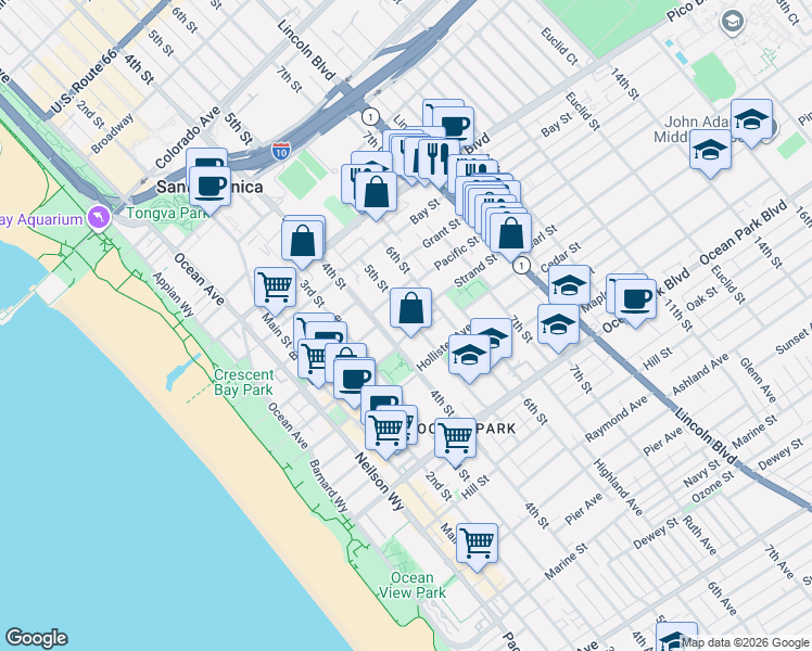 map of restaurants, bars, coffee shops, grocery stores, and more near 2219 5th Street in Santa Monica