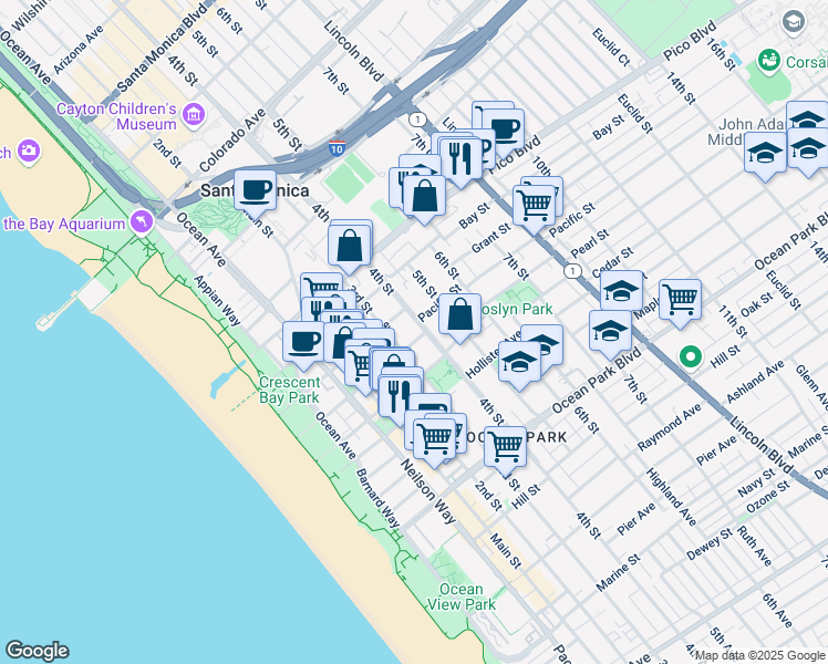 map of restaurants, bars, coffee shops, grocery stores, and more near 409 Pacific Street in Santa Monica