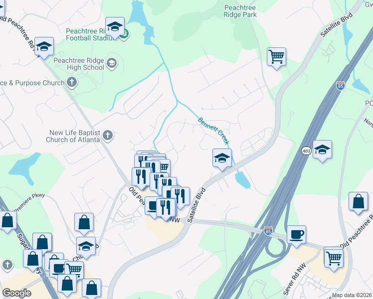 map of restaurants, bars, coffee shops, grocery stores, and more near 1844 Kristen Court in Suwanee