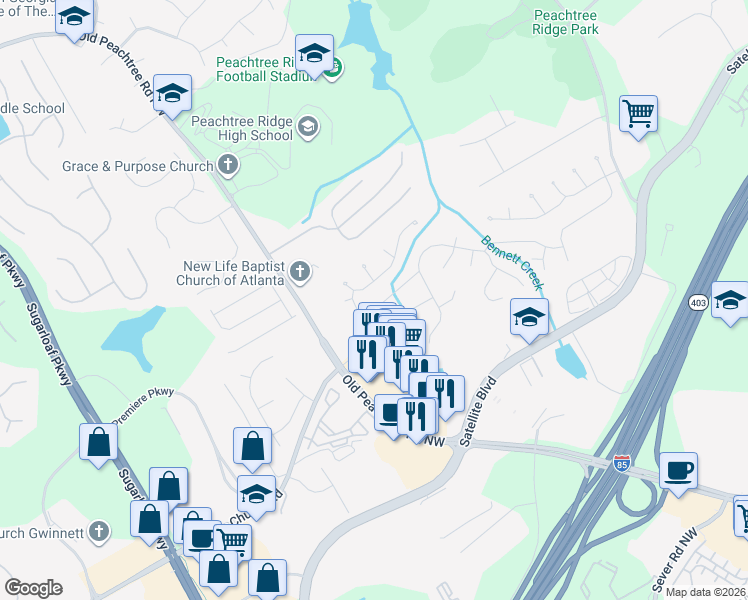 map of restaurants, bars, coffee shops, grocery stores, and more near 2964 Meadow Church Road in Suwanee