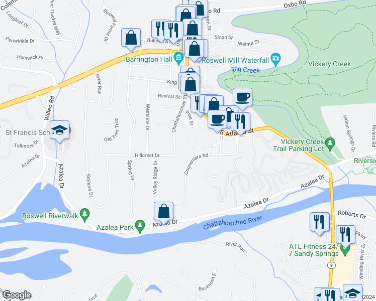 map of restaurants, bars, coffee shops, grocery stores, and more near 1600 Heritage Trail in Roswell