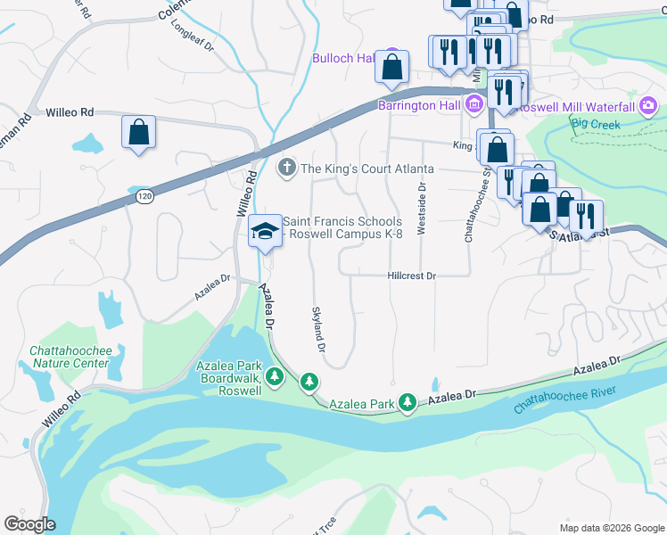map of restaurants, bars, coffee shops, grocery stores, and more near 200 Old Tree Trace in Roswell