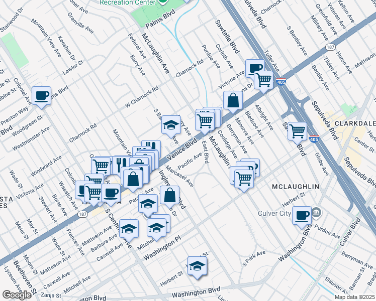 map of restaurants, bars, coffee shops, grocery stores, and more near 11842 Venice Boulevard in Los Angeles