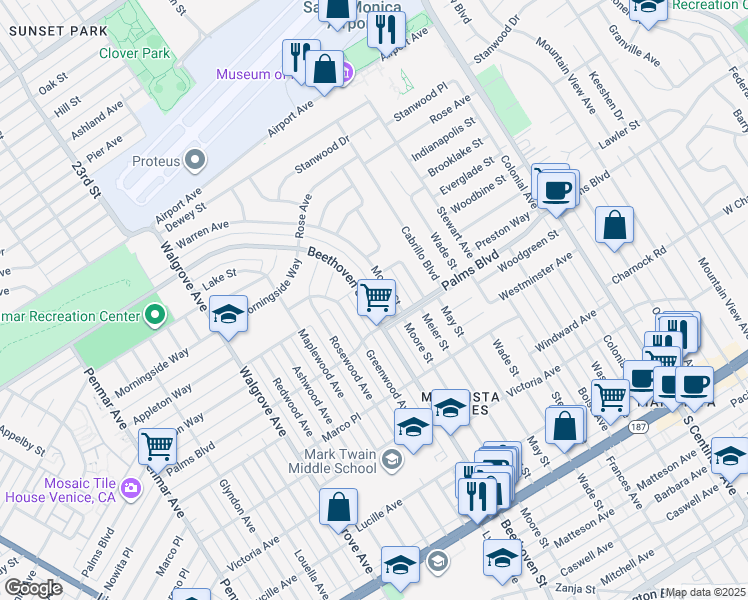 map of restaurants, bars, coffee shops, grocery stores, and more near 3456 Beethoven Street in Los Angeles