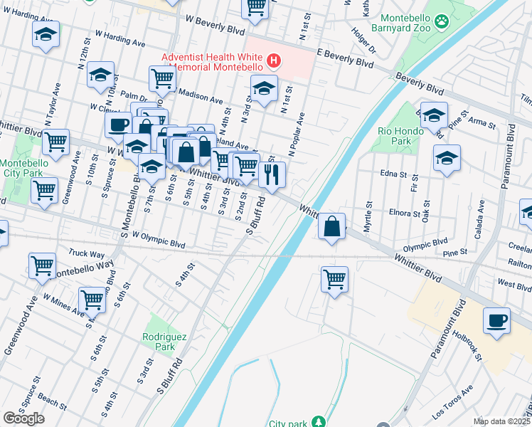 map of restaurants, bars, coffee shops, grocery stores, and more near 107 South Bluff Road in Montebello