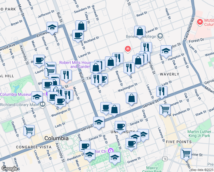 map of restaurants, bars, coffee shops, grocery stores, and more near 1626 Hampton Street in Columbia