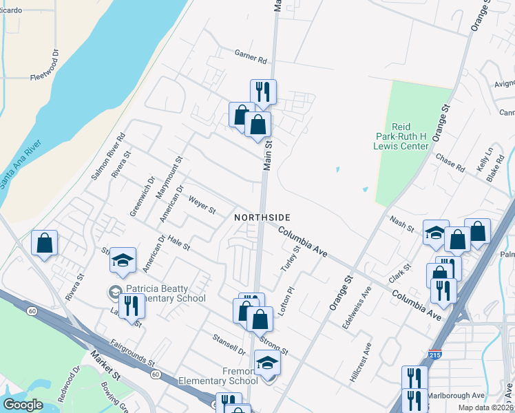 map of restaurants, bars, coffee shops, grocery stores, and more near 3862 Witt Avenue in Riverside