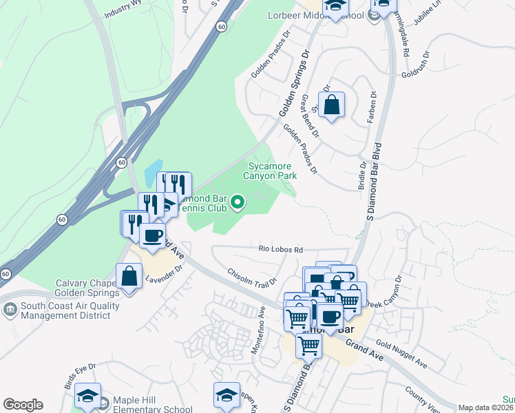 map of restaurants, bars, coffee shops, grocery stores, and more near 22832 Hilton Head Drive in Diamond Bar