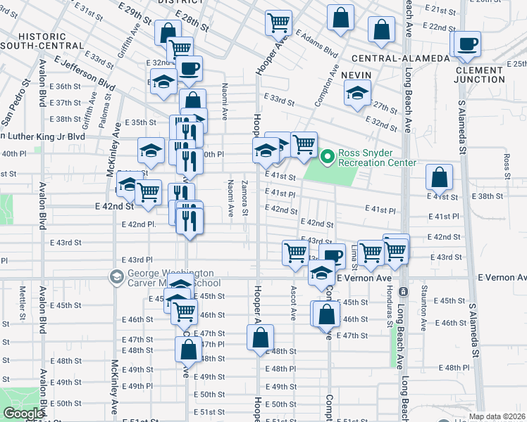 map of restaurants, bars, coffee shops, grocery stores, and more near 4200 Hooper Avenue in Los Angeles