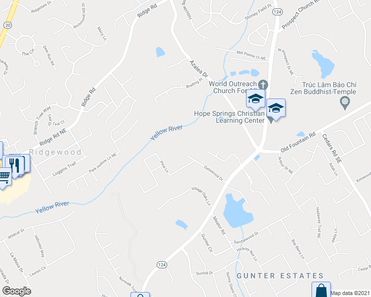 map of restaurants, bars, coffee shops, grocery stores, and more near 1313 Gatewood Drive in Lawrenceville