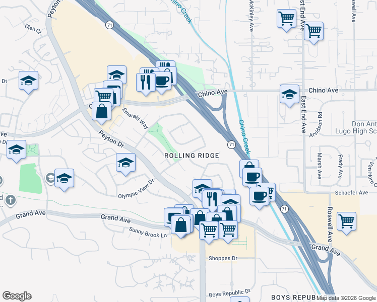 map of restaurants, bars, coffee shops, grocery stores, and more near 13474 Parkview Terrace in Chino Hills