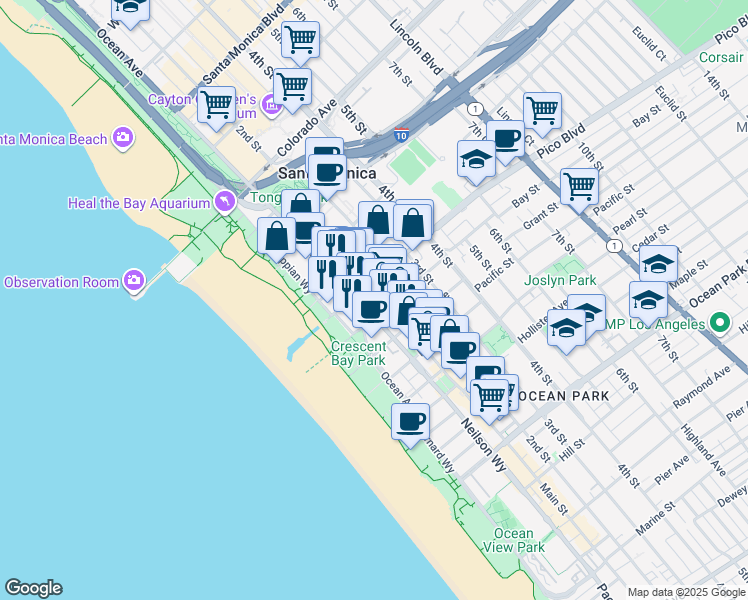 map of restaurants, bars, coffee shops, grocery stores, and more near 1918 Main Street in Santa Monica