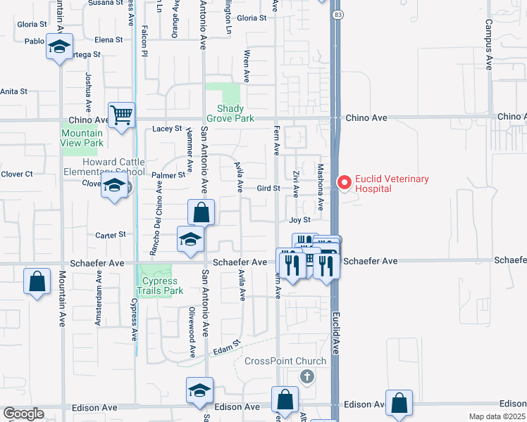 map of restaurants, bars, coffee shops, grocery stores, and more near 6845 Lunt Street in Chino