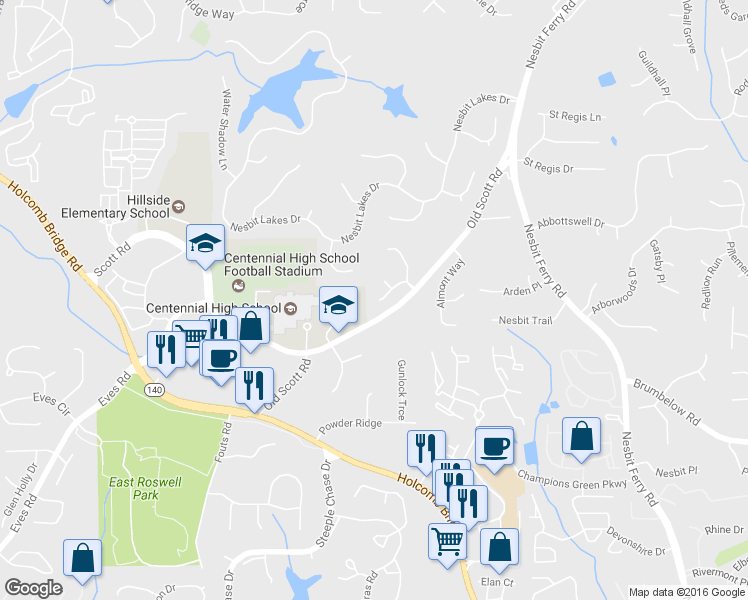 map of restaurants, bars, coffee shops, grocery stores, and more near 175 Nesbit Ridge Drive in Roswell