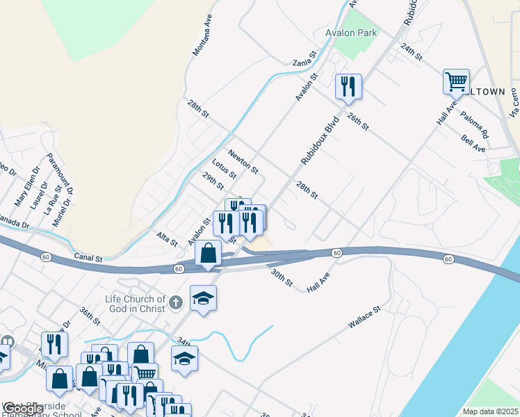 map of restaurants, bars, coffee shops, grocery stores, and more near 5617 29th Street in Riverside