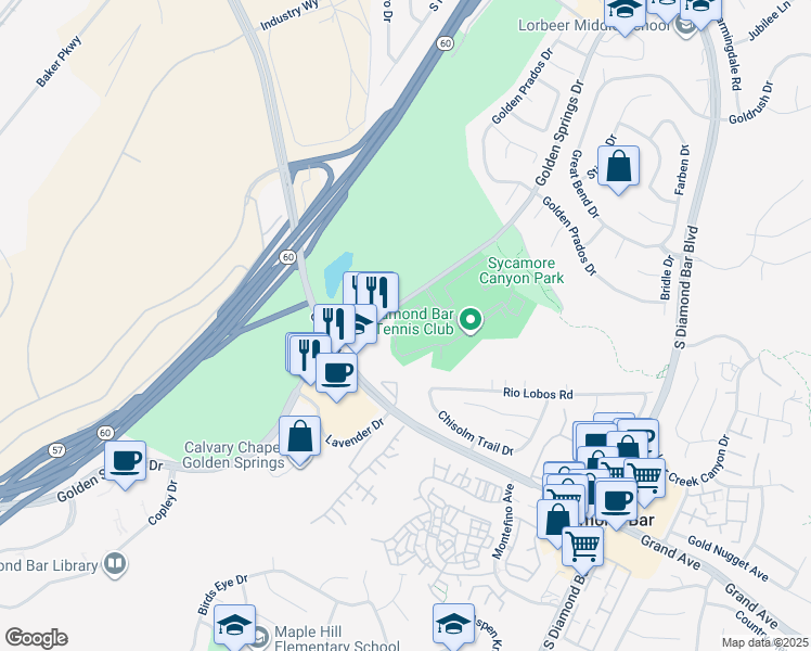 map of restaurants, bars, coffee shops, grocery stores, and more near 22745 Lakeway Drive in Diamond Bar