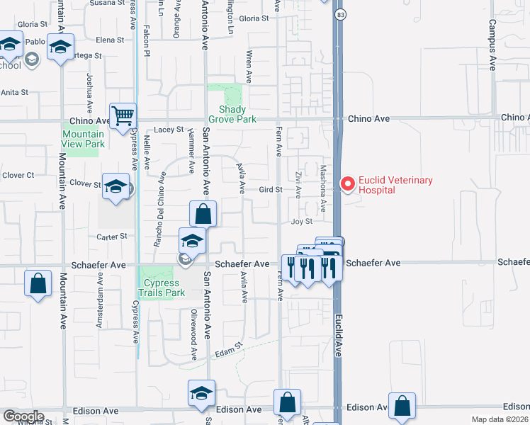 map of restaurants, bars, coffee shops, grocery stores, and more near 13511 Julian Avenue in Chino