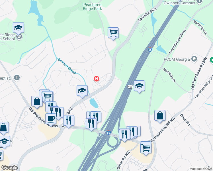 map of restaurants, bars, coffee shops, grocery stores, and more near 1340 Satellite Boulevard in Suwanee