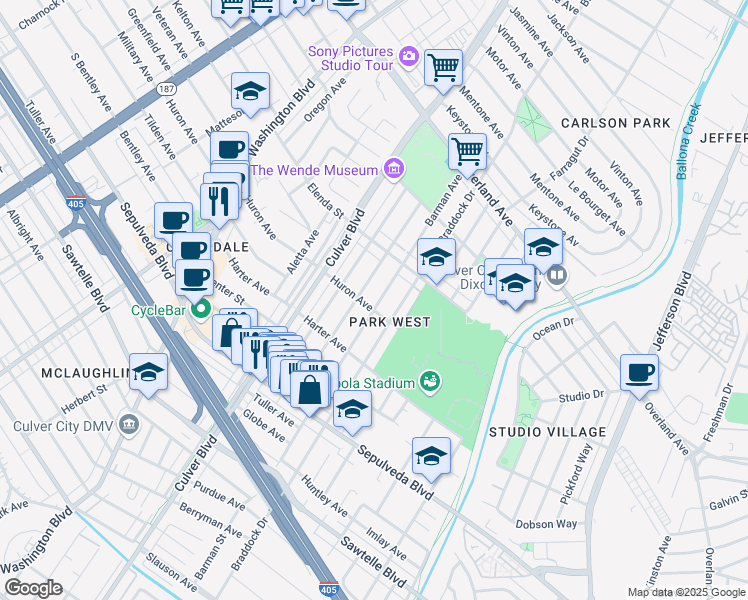 map of restaurants, bars, coffee shops, grocery stores, and more near 10952 Wagner Street in Culver City