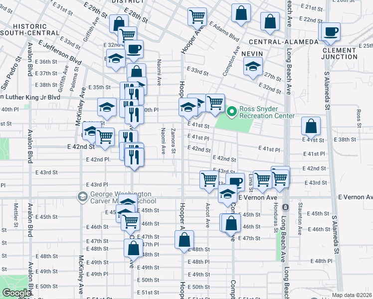 map of restaurants, bars, coffee shops, grocery stores, and more near 4200 Hooper Avenue in Los Angeles