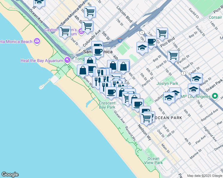 map of restaurants, bars, coffee shops, grocery stores, and more near 1918 Main Street in Santa Monica