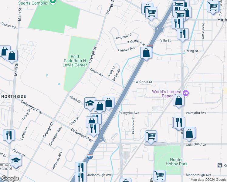 map of restaurants, bars, coffee shops, grocery stores, and more near 3232 Arta Place in Riverside