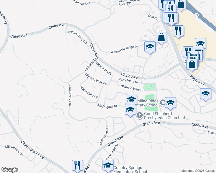 map of restaurants, bars, coffee shops, grocery stores, and more near 2360 Olympic View Drive in Chino Hills