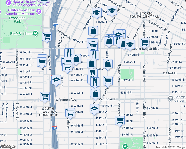 map of restaurants, bars, coffee shops, grocery stores, and more near 54 West 42nd Street in Los Angeles