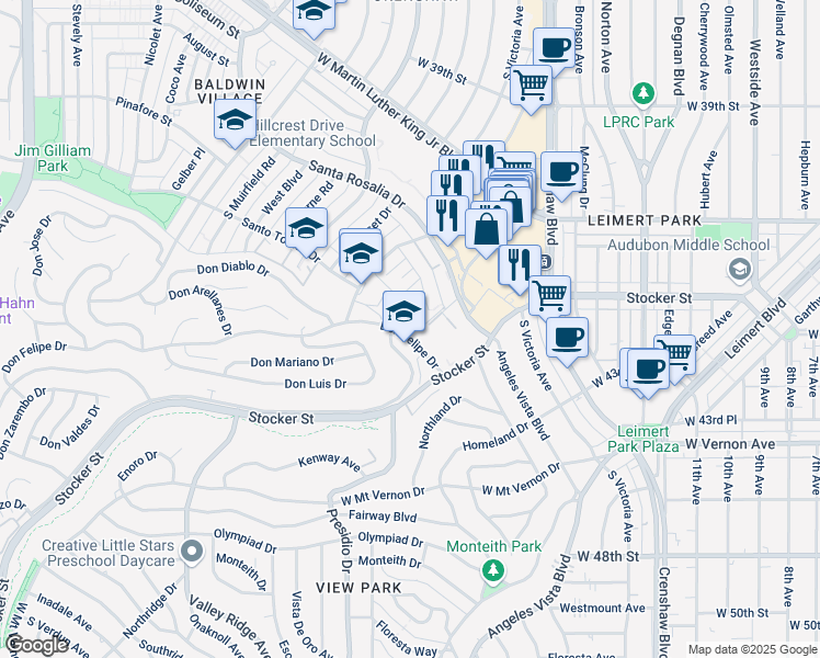 map of restaurants, bars, coffee shops, grocery stores, and more near 3737 Don Felipe Drive in Los Angeles