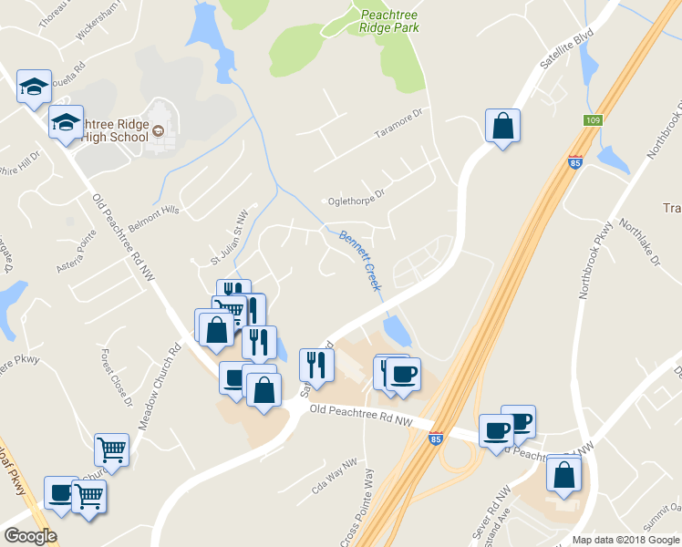 map of restaurants, bars, coffee shops, grocery stores, and more near 1587 Pulaski Court Northwest in Suwanee
