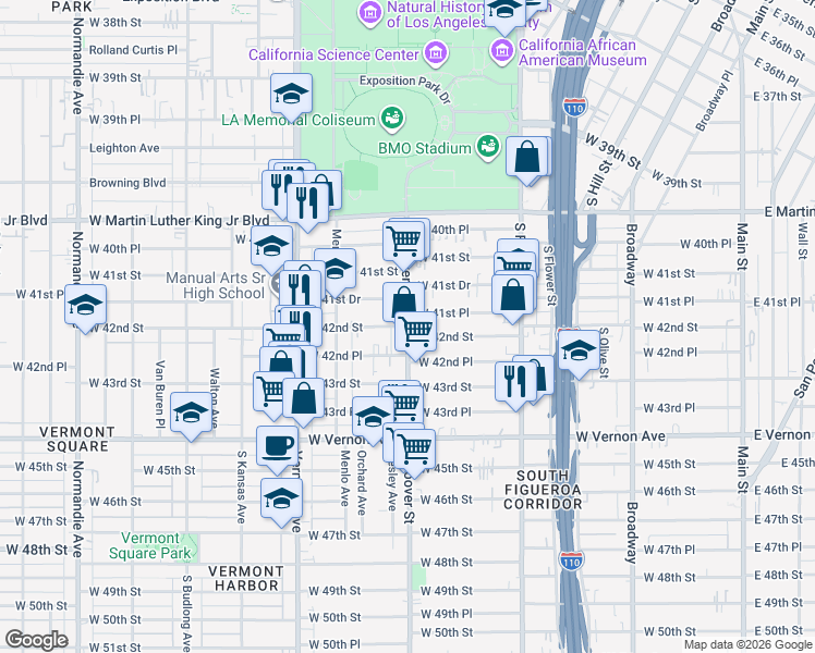 map of restaurants, bars, coffee shops, grocery stores, and more near West 42nd Street in Los Angeles