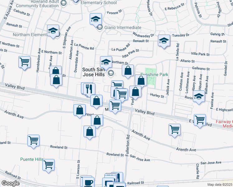 map of restaurants, bars, coffee shops, grocery stores, and more near 18151 Valley Boulevard in La Puente