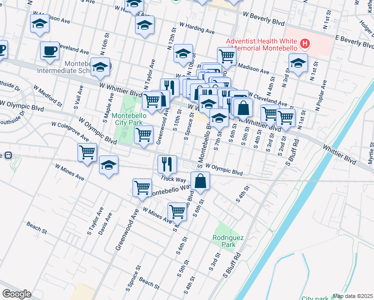 map of restaurants, bars, coffee shops, grocery stores, and more near 208 South Spruce Street in Montebello