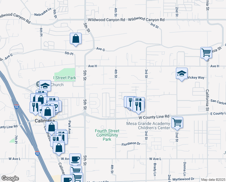 map of restaurants, bars, coffee shops, grocery stores, and more near 13530 4th Street in Yucaipa