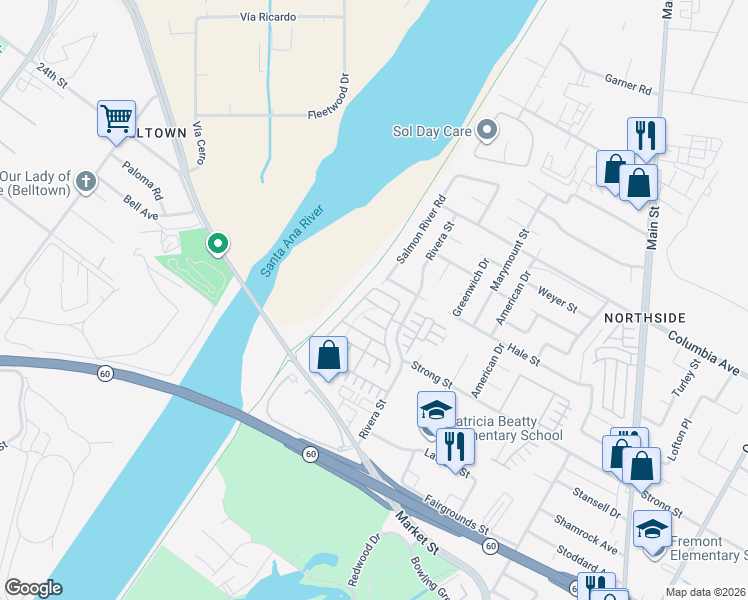 map of restaurants, bars, coffee shops, grocery stores, and more near 1501 Salmon River Road in Riverside