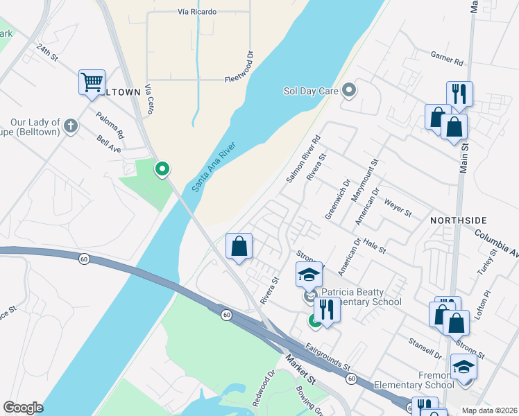 map of restaurants, bars, coffee shops, grocery stores, and more near 1605 Julia Way in Riverside