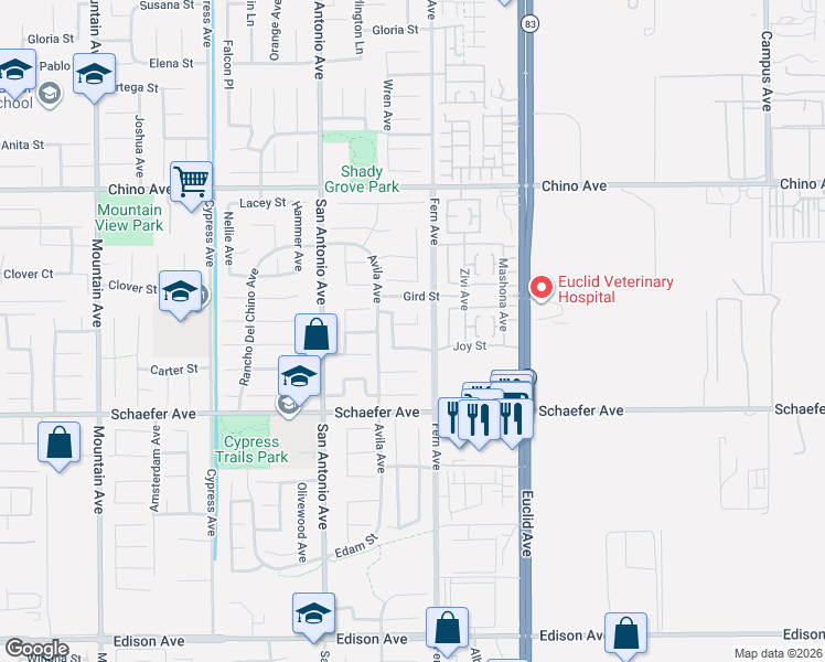 map of restaurants, bars, coffee shops, grocery stores, and more near 13511 Julian Avenue in Chino