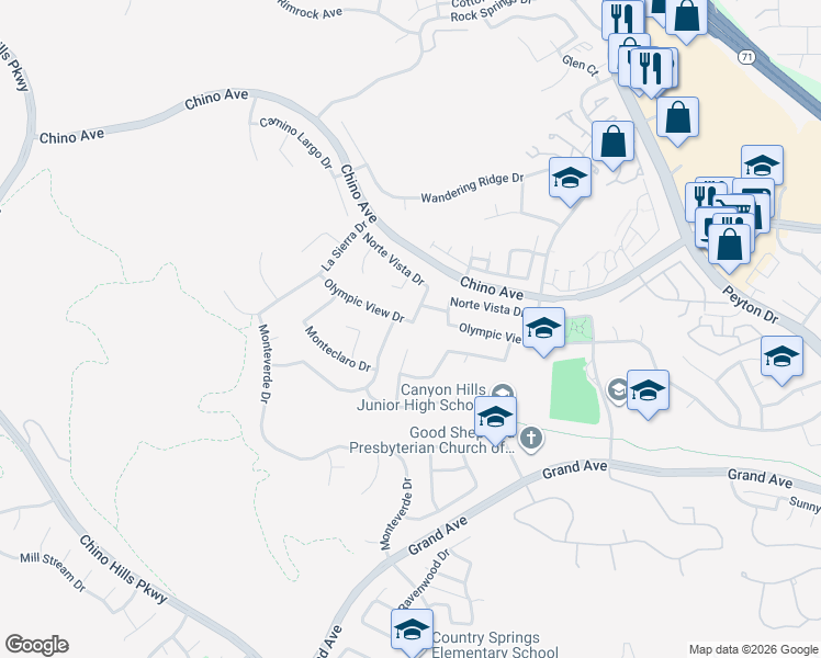 map of restaurants, bars, coffee shops, grocery stores, and more near 2360 Olympic View Drive in Chino Hills