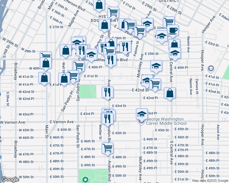 map of restaurants, bars, coffee shops, grocery stores, and more near 636 East 41st Place in Los Angeles