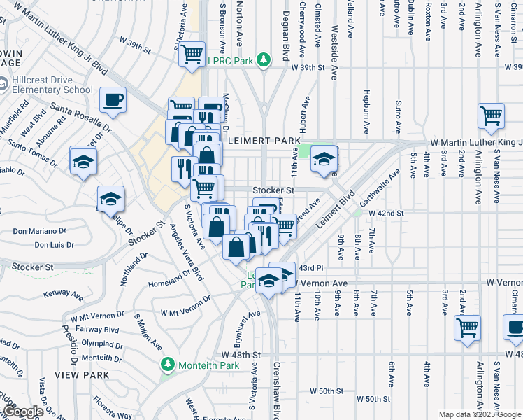 map of restaurants, bars, coffee shops, grocery stores, and more near 4212 South Norton Avenue in Los Angeles