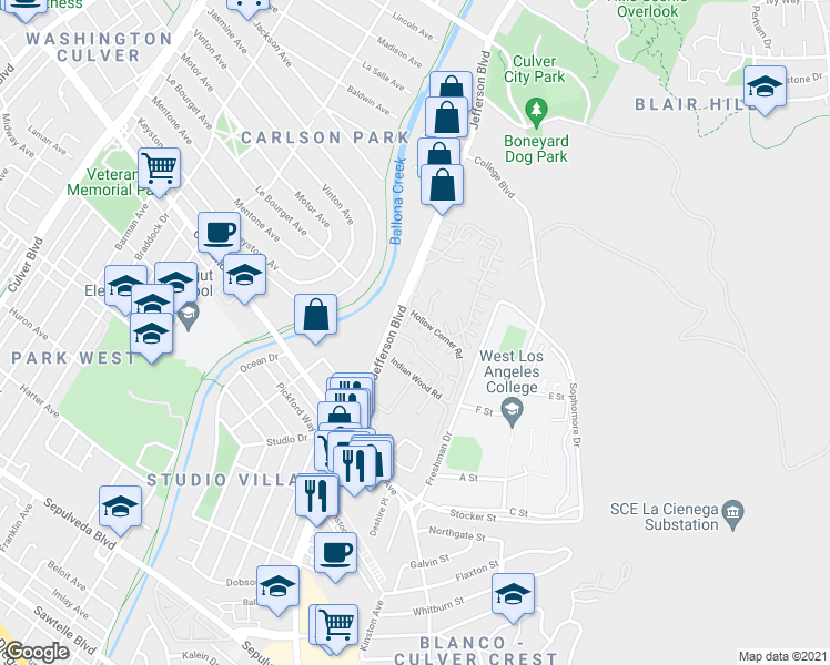 map of restaurants, bars, coffee shops, grocery stores, and more near 7212 Raintree Circle in Culver City