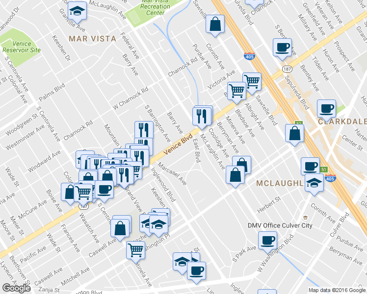 map of restaurants, bars, coffee shops, grocery stores, and more near 11811 California 187 in Los Angeles