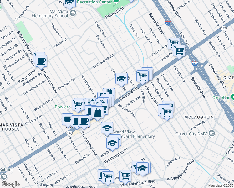 map of restaurants, bars, coffee shops, grocery stores, and more near 3743 South Barrington Avenue in Los Angeles