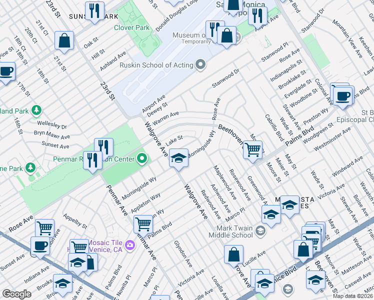map of restaurants, bars, coffee shops, grocery stores, and more near 13117 Psomas Way in Los Angeles