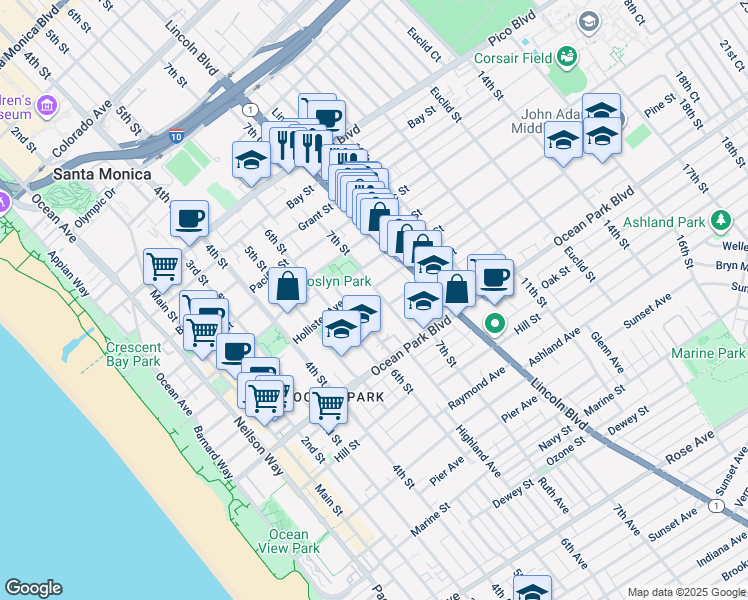 map of restaurants, bars, coffee shops, grocery stores, and more near 2414 7th Street in Santa Monica